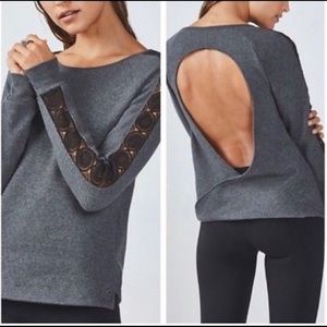 Fabletics Maura Open Back Lace Trim Pullover Sweatshirt | Gray | Size XL